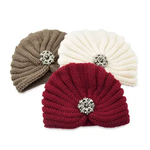 Elegant knitted turban beanies with sparkling rhinestone brooches for women winter.