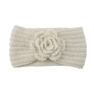 Beige knit flower headband for women, cozy winter warm hair accessory, handmade crochet design.