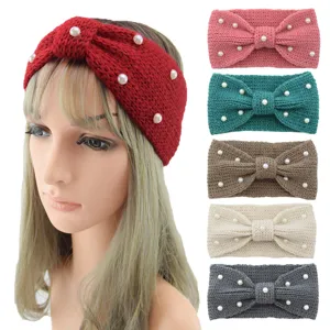 Western Style Handmade Yarn Headband Artificial Pearl Bowknot Hairband Ear Warmer Knit Winter Headwrap For Women Daily Hair Accessories