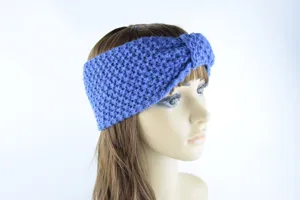 Knitted winter headband detail view, cozy blue ear warmer for cold weather everyday style.