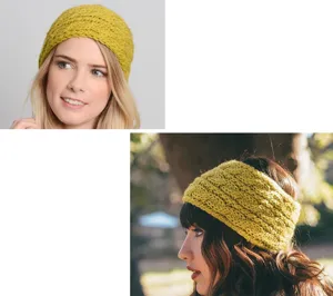 Detailed view of the yellow knitted braided headband ear warmer showing fine texture and fit.