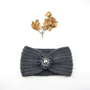 Grey knitted hairband detail, elegant crystal rhinestone centerpiece warm winter ear warmer.