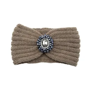 Knitted winter hair band with rhinestone crystal center piece, warm stretch headband for women.