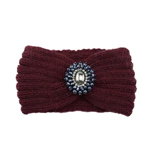 Knitted headband with rhinestone crystal gem decor stylish warm winter hair accessory for women