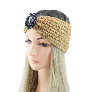 Detailed view of the khaki knitted rhinestone headband, showing exquisite gemstone decor.