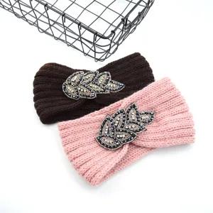 Knitted rhinestone leaf headband warm winter hair band elastic hair hoop for women accessories