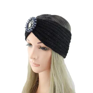 Black knitted rhinestone headband, cozy winter ear warmer wool hair band for women.