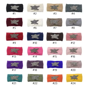 Knitted rhinestone flower headband women winter warm ear protection hair accessories 24 colors