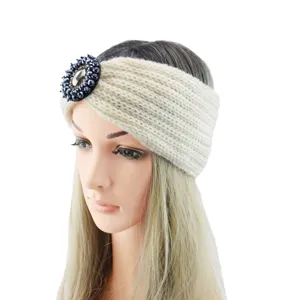 Close-up detail of knitted jeweled headband with sparkly crystal decor for winter style.