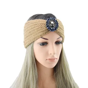 Closeup detail of the knitted wool headband featuring a dark crystal beaded flower centerpiece.