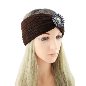 Brown knit headband with rhinestone gem accent, warm winter hair accessory for women.