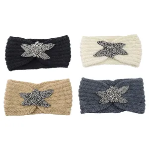Knitted wool headband with rhinestone crystal flower detail, warm ear warmer hair accessories.