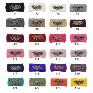 Knitted wool headband with rhinestone leaf charm, cozy warm winter hair accessory in 24 colors.