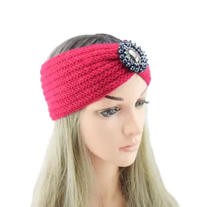 Knitted red headband with rhinestone jewel brooch for women winter warm hair accessory
