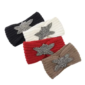 Western Style Rhinestone Knit Headband For Women Winter Warm Braided Crochet Hairband Ear Warmer Geometric Elastic Headpiece