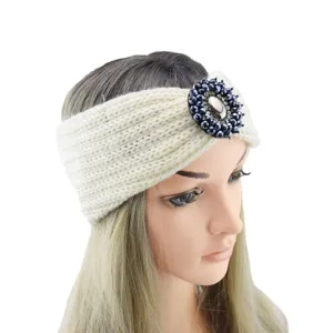 Knitted wool headband with rhinestone gemstone, elegant warm winter hair accessory for women.