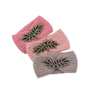 Knitted headband with beaded leaf design, warm winter hair accessory set in three chic colors.