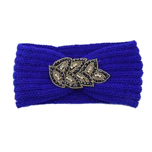 Royal blue knitted headband with beaded leaf rhinestone detail warm hair accessory for women