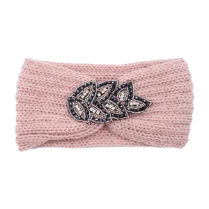 Pink knitted headband with beaded leaf detail, warm winter hair accessory, cozy braided warmer.