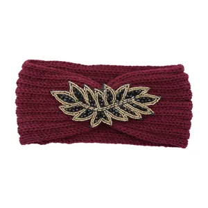 Maroon knitted headband with handmade beaded leaf decoration, winter warm hair accessory.