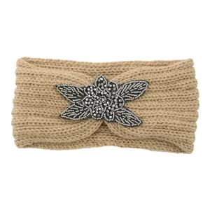 Knitted winter warm headband with sparkling beaded floral decoration for women and girls daily wear.