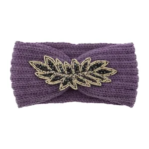 Purple knitted headband detail featuring beaded leaf applique, cozy winter hair accessory.