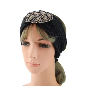 Black knitted headband with rhinestone beaded leaf decoration for women winter warmth hair accessory