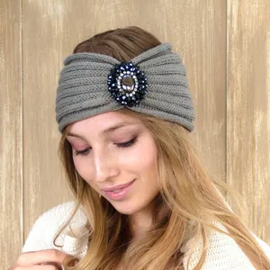 Fascia per capelli in maglia grigia da donna con elegante decorazione in cristallo blu scuro