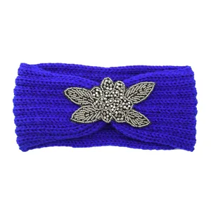 Blue knit headband with beaded flower ornament, warm winter hair accessory for women.