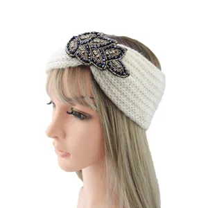Knitted rhinestone leaf headband warm winter hair accessory for women stylish casual wear