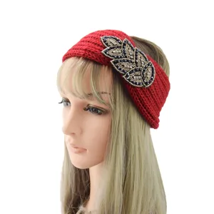 Red knit rhinestone headband winter ear warmer crystal leaf hair accessory for women