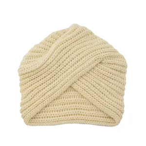 Beige knitted cross turban hat, warm chunky knit headscarf beanie for winter daily wear detail.