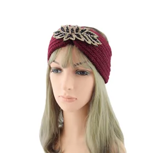Wine red knitted headband with beaded flower design, warm winter hair accessory for women.