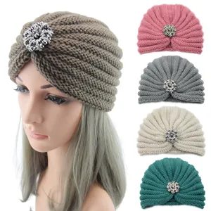 Bohemian Polyester Knit Beanie For Women Vintage Warm Winter Knit Hat With Shiny Silver Rhinestone Flowers Slouchy Turban Cap Headwear Accessories