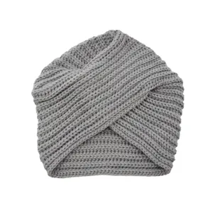 Grey knitted cross turban beanie hat, soft warm winter headwrap for women, cozy design.
