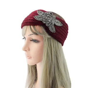 Wine red knitted headband with exquisite beaded flower decoration, warm winter hair accessory for women.
