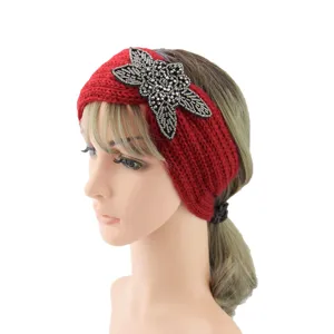 Red knitted rhinestone headband for women winter warm hair accessory elastic hair hoop style