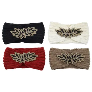 Women Bohemian Knit Headband Winter Warm Yarn Hair Band Handwoven Rhinestone Leaf Jeweled Headwrap Hair Accessories
