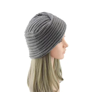 Grey knit turban beanie hat detail, soft winter warm headwear, stylish cross design side