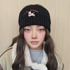 Black knitted headband with cute puppy embroidery, warm winter hair band for women, daily wear.