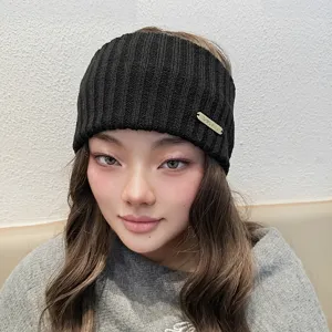 Black knitted headband warm winter ear warmer solid color thick hair accessory for women.