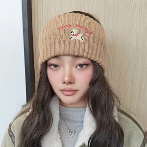 Brown knitted headband with cute puppy embroidery, autumn winter warm hair band for women.