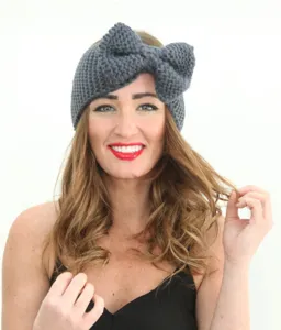Diadema de punto hecha a mano con lazo para mujer, gris oscuro, accesorio de pelo de invierno.