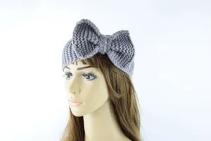 Diadema de punto gris con lazo para mujer, orejeras de invierno de lana calentita.