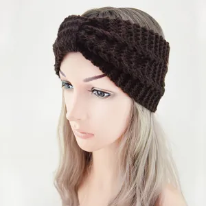 Closeup view of dark brown knitted headband, warm winter fleece hair band for cold weather.