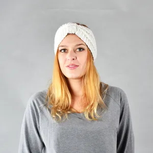 Detail shot of white knitted winter headband, cozy ear warmer design for cold days.