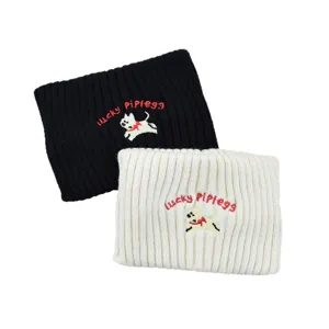 Black white knitted headbands set with cute dog embroidery, ideal for winter warmth and daily use.