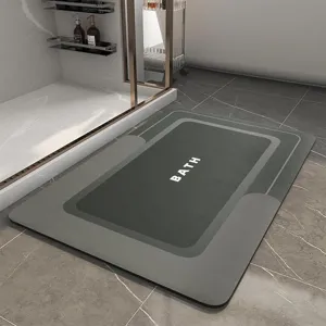 Detailed view of a minimalist grey absorbent bathroom floor mat with non-slip backing for home toilet.
