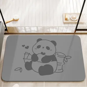Grey cartoon panda bathroom absorbent mat, non-slip quick-dry floor mat for home toilet use.
