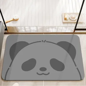 Absorbent grey cartoon panda bath mat, anti-slip diatom mud floor mat for bathroom.